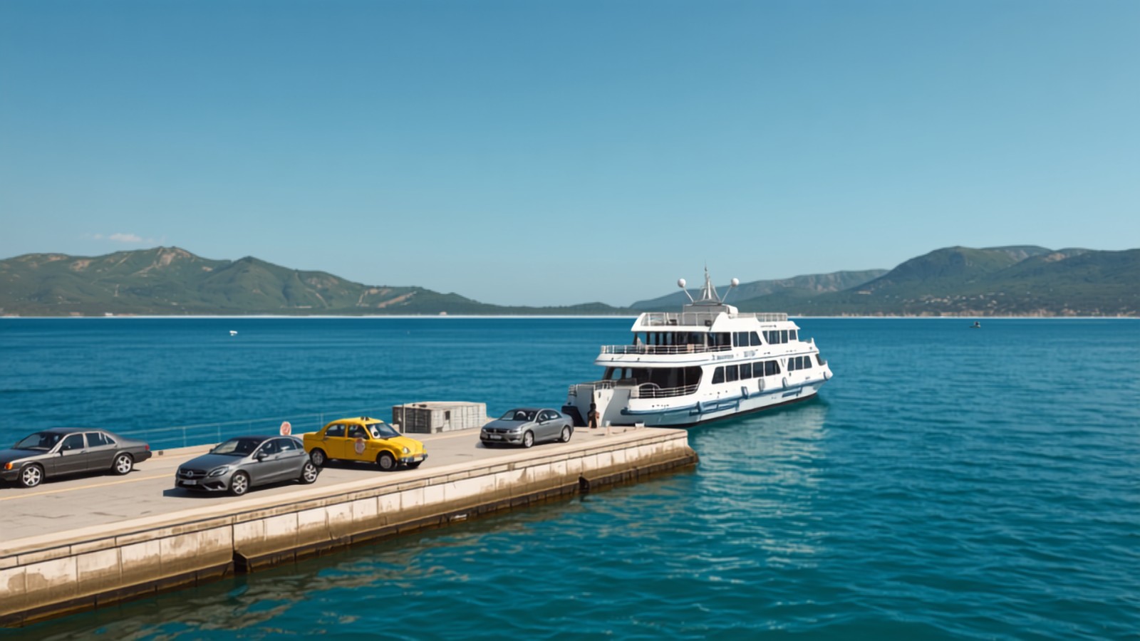 A white Greek ferry and a taxi at a coastal port by the turquoise sea — illustration of transport prices in Greece for 2026.