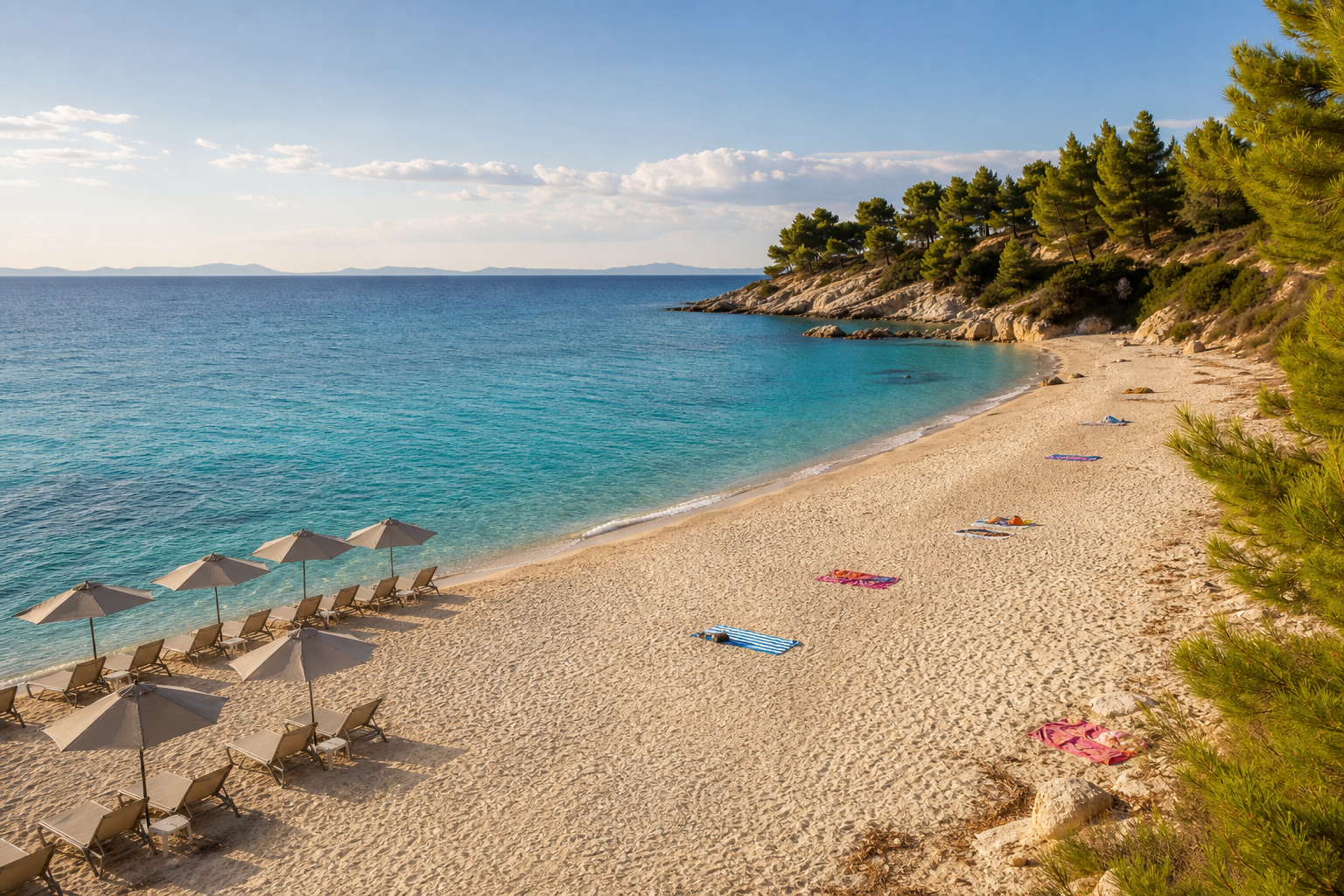 Turquoise Greek beach on Sithonia with a narrow row of sunbeds and a wide free zone along the water — illustration of the new 2026 rules.