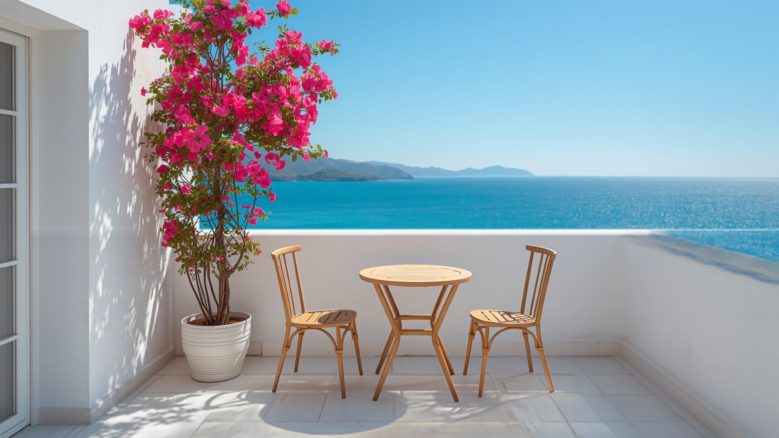 Apartment terrace with a table, bougainvillea and a sea view in Greece, apartments 2027