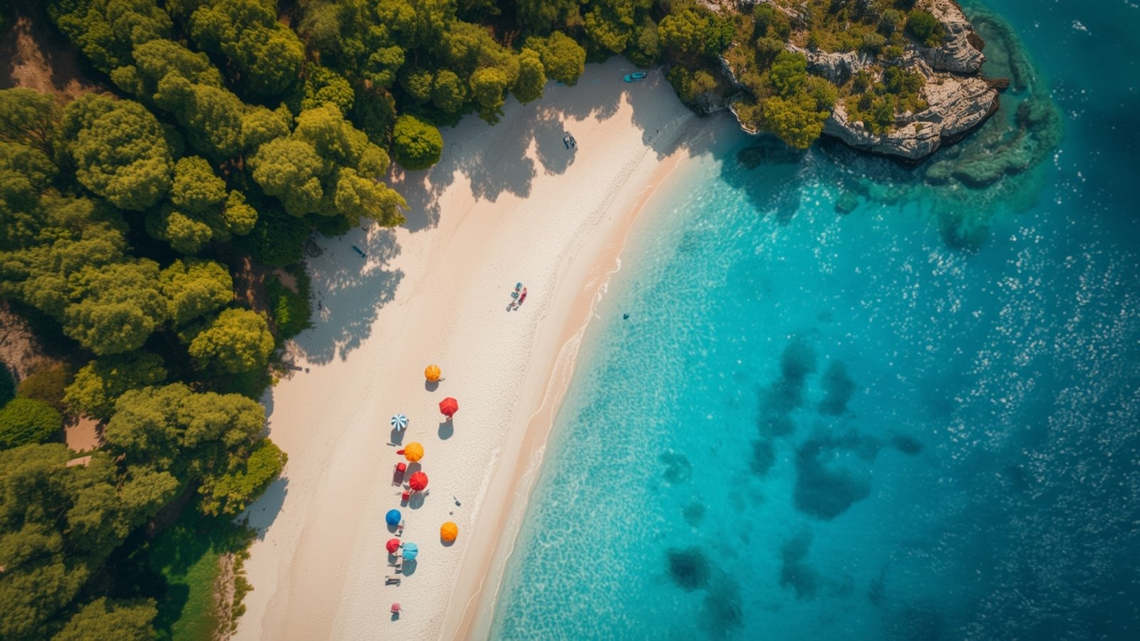 Turquoise cove with a sandy beach and pine trees in Greece, where to go in 2027