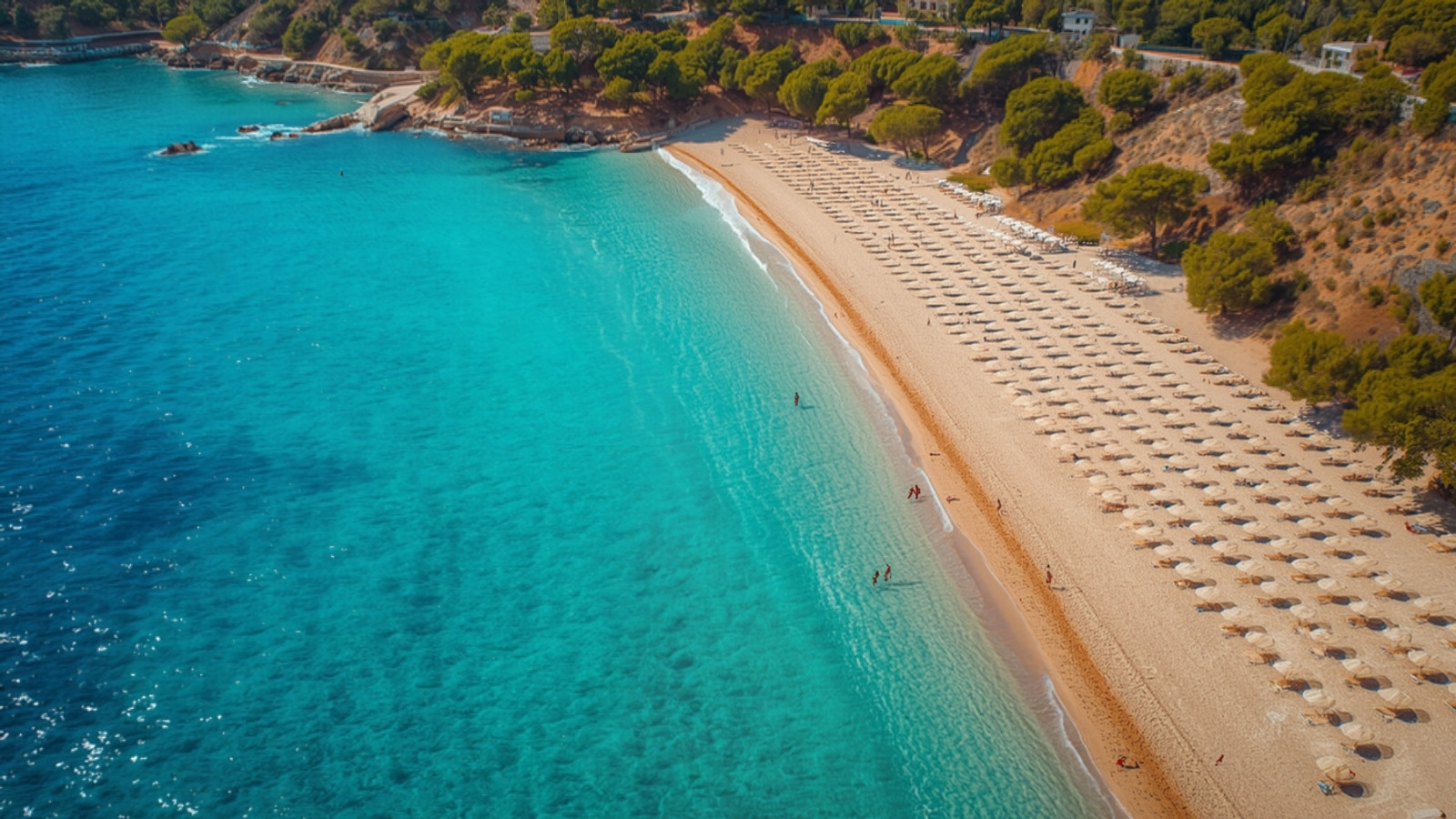 Long sandy beach with turquoise shallows and umbrellas, summer holiday 2027