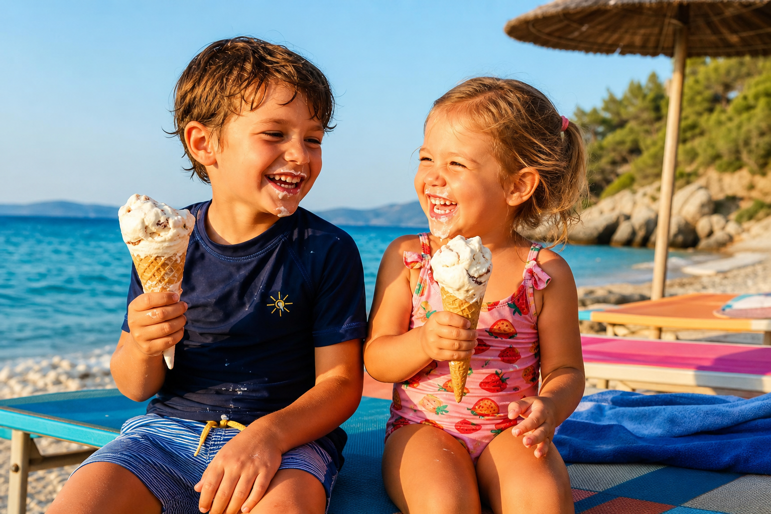 Deca jedu sladoled na plaži u Grčkoj