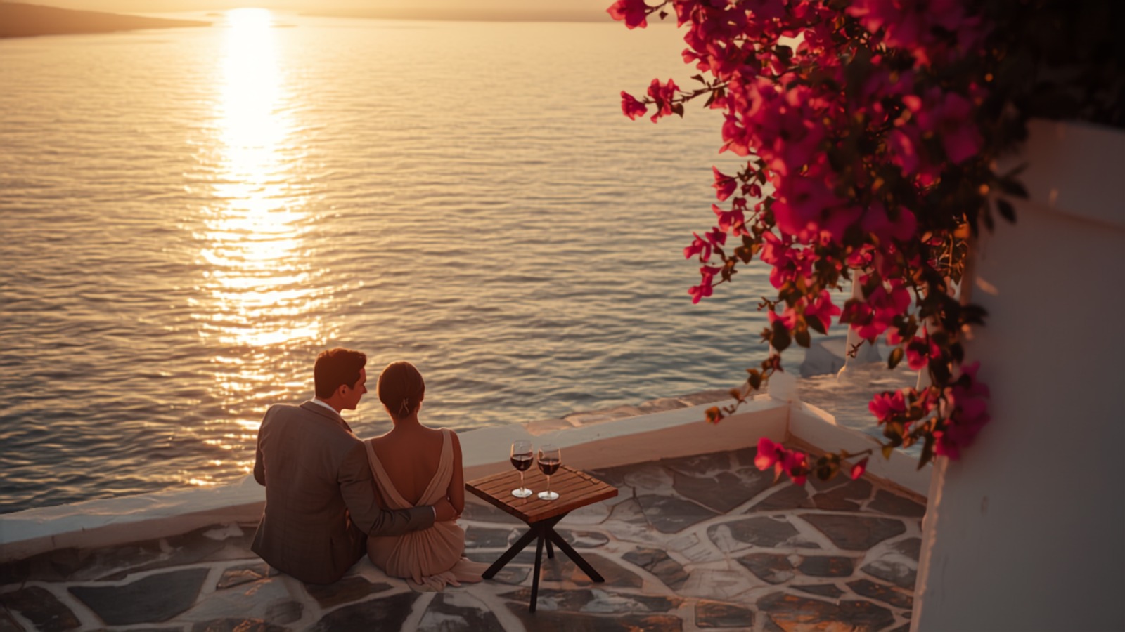 Couple watching the sunset from a terrace above the sea in Greece - romantic holiday for two.