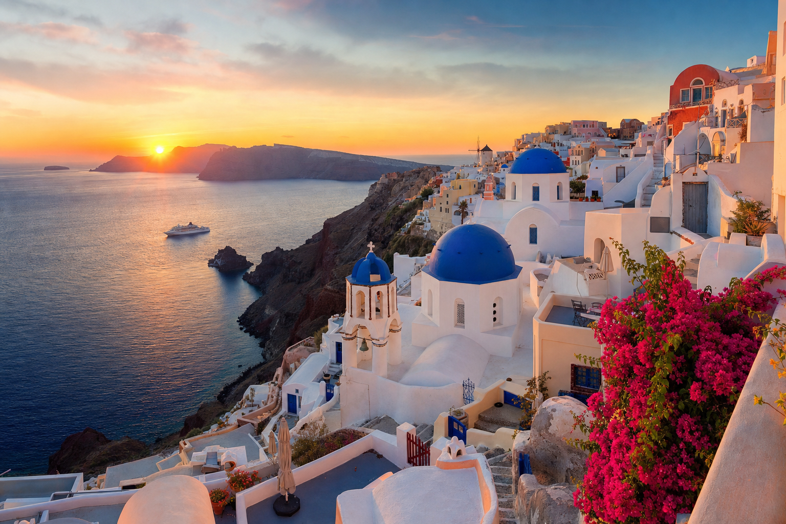 White houses with blue domes above the caldera on Santorini, the best known island of the Cyclades - 2026 holidays